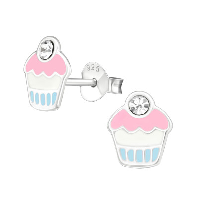 Children's Silver Cupcake Ear Studs with Crystal and Epoxy