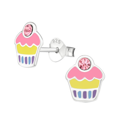 Children's Silver Cupcake Ear Studs with Crystal and Epoxy