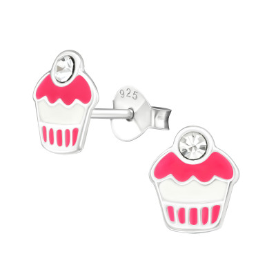 Children's Silver Cupcake Ear Studs with Crystal and Epoxy