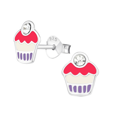 Children's Silver Cupcake Ear Studs with Crystal and Epoxy