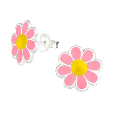 Children's Silver Flower Ear Studs with Epoxy