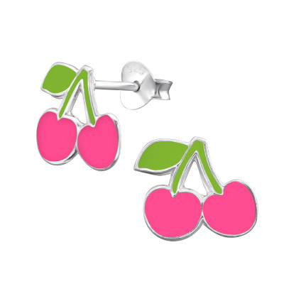 Children's Silver Cherry Ear Studs with Epoxy