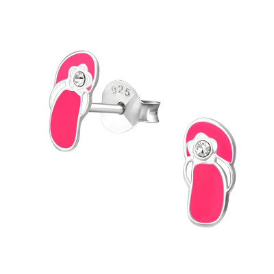 Children's Silver Sandal Ear Studs with Crystal and Epoxy