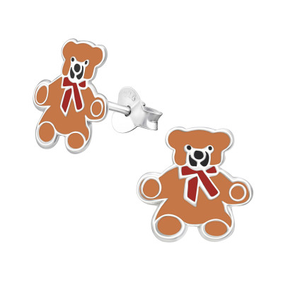 Teddy Bear Children's Sterling Silver Ear Studs with Epoxy