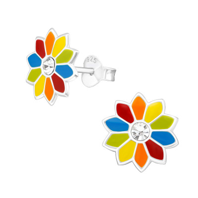 Children's Silver Flower Ear Studs with Crystal and Epoxy