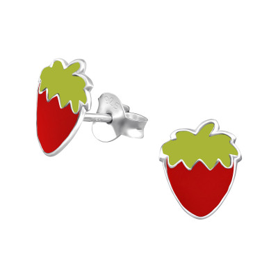 Children's Silver Strawberry Ear Studs with Epoxy