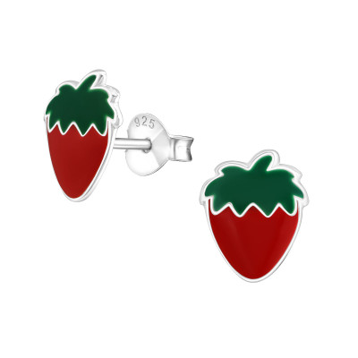 Children's Silver Strawberry Ear Studs with Epoxy