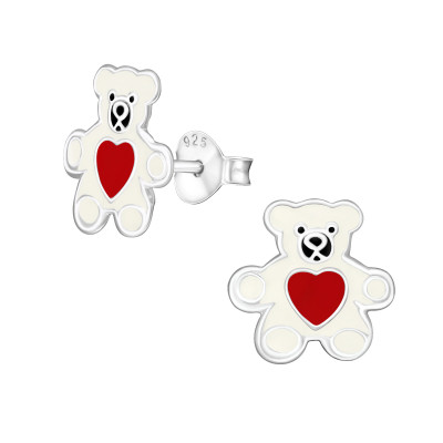 Teddy Bear Children's Sterling Silver Ear Studs with Epoxy