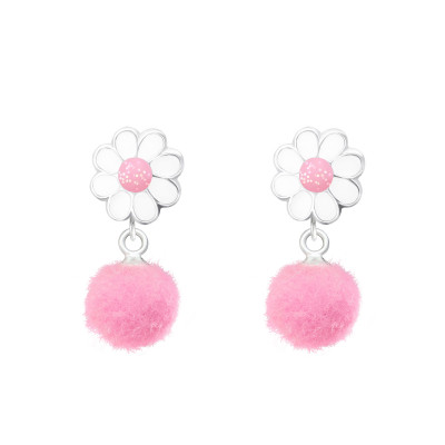 Children's Silver Flower Ear Studs with Epoxy and Hanging Pom Pom