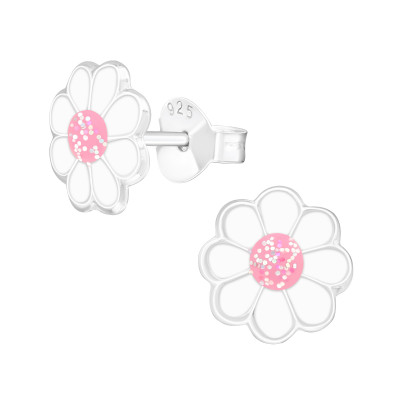 Children's Silver Flower Ear Studs with Epoxy