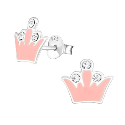 Children's Silver Crown Ear Studs with Crystal and Epoxy