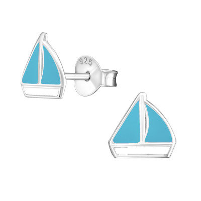 Children's Silver Sailboat Ear Studs with Epoxy