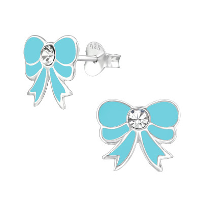 Children's Silver Bow Ear Studs with Crystal and Epoxy