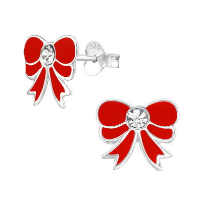 Children's Silver Bow Ear Studs with Crystal and Epoxy