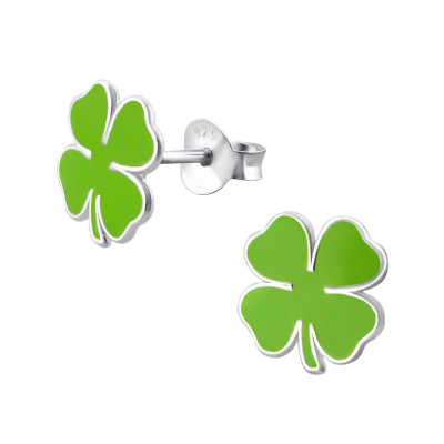 Children's Silver Lucky Clover Ear Studs with Epoxy