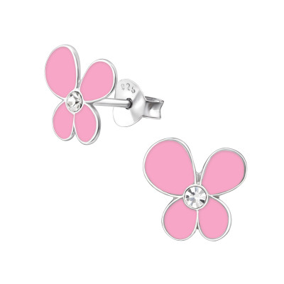 Children's Silver Flower Ear Studs with Crystal and Epoxy