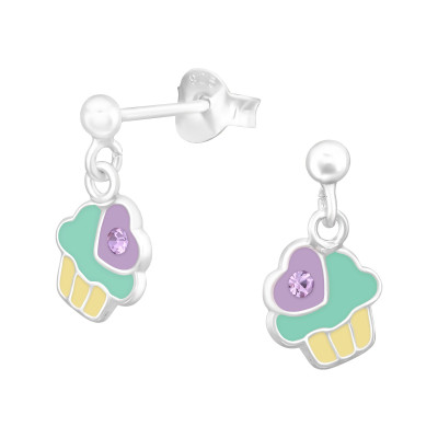 Children's Silver Hanging Cupcake Ear Studs with Crystal and Epoxy