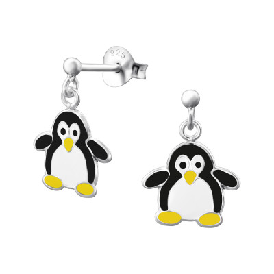 Children's Silver Ball Ear Studs with Hanging Penguin and Epoxy