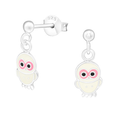 Children's Silver Ball Ear Studs with Hanging Owl and Epoxy