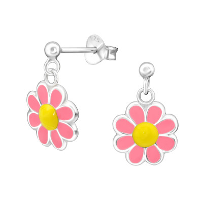 Children's Silver Ball Ear Studs with Hanging Flower and Epoxy