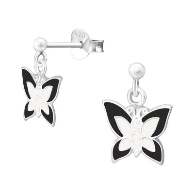 Children's Silver Ball Ear Studs with Hanging Butterfly and Epoxy