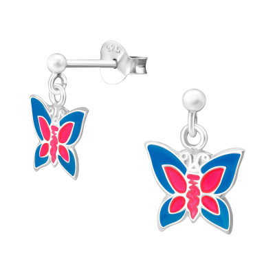 Children's Silver Ball Ear Studs with Hanging Butterfly and Epoxy