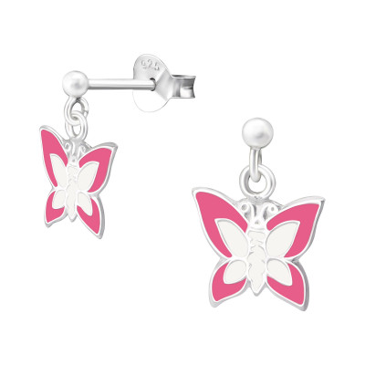 Children's Silver Ball Ear Studs with Hanging Butterfly and Epoxy