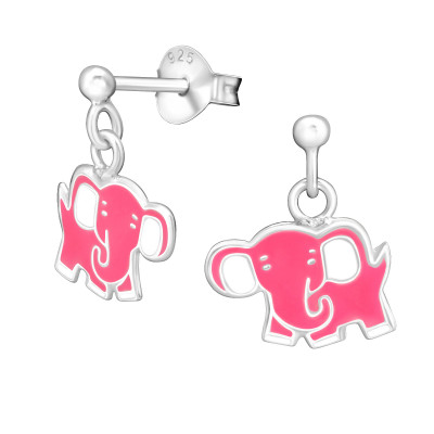 Children's Silver Ball Ear Studs with Hanging Elephant and Epoxy