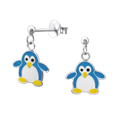 Children's Silver Ball Ear Studs with Hanging Penguin and Epoxy