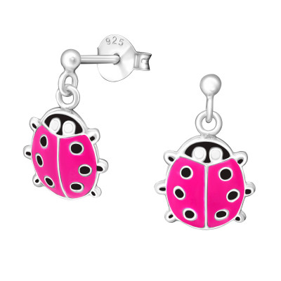 Children's Silver Ball Ear Studs with Hanging Ladybug  and Epoxy