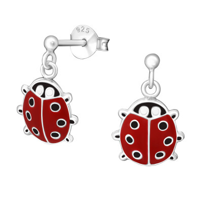 Children's Silver Ball Ear Studs with Hanging Ladybug  and Epoxy