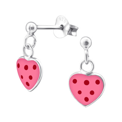 Children's Silver Ball Ear Studs with Hanging Heart and Epoxy