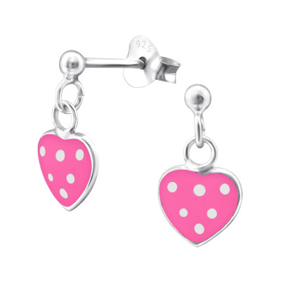 Children's Silver Ball Ear Studs with Hanging Heart and Epoxy