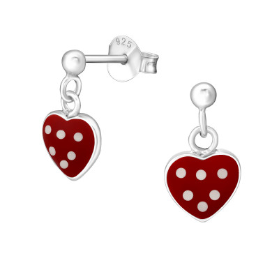 Children's Silver Ball Ear Studs with Hanging Heart and Epoxy