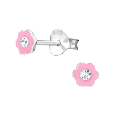 Children's Silver Flower Ear Studs with Crystal and Epoxy