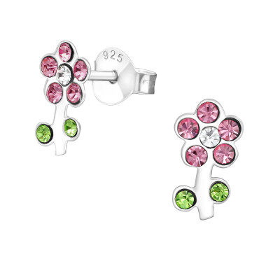 Children's Silver Flower Ear Studs with Crystal