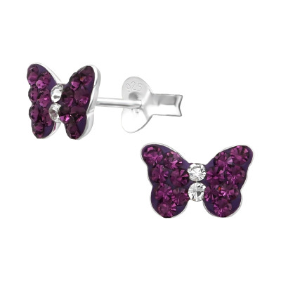 Children's Silver Butterfly Ear Studs with Crystal