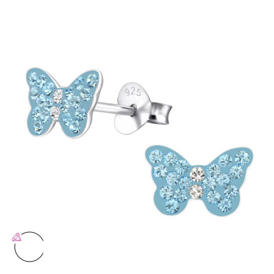 Children's Silver Butterfly Ear Studs with Genuine European Crystals