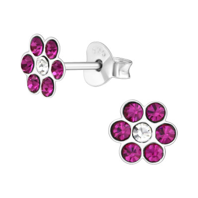 Children's Silver Flower Ear Studs with Crystal