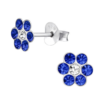 Children's Silver Flower Ear Studs with Crystal