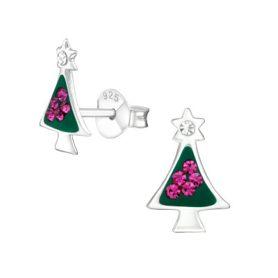 Children's Silver Christmas Tree Ear Studs with Crystal