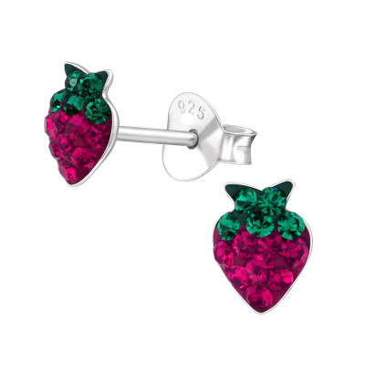 Children's Silver Strawberry Ear Studs with Crystal