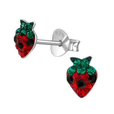 Children's Silver Strawberry Ear Studs with Crystal