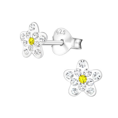 Children's Silver Flower Ear Studs with Crystal