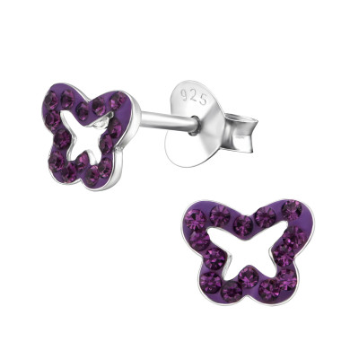 Children's Silver Butterfly Ear Studs with Crystal