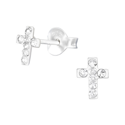 Children's Silver Cross Ear Studs with Crystal