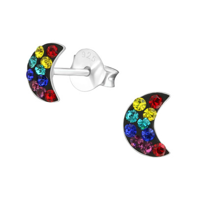 Children's Silver Rainbow Moon Ear Studs with Crystal