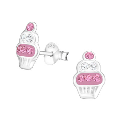 Cupcake Children's Sterling Silver Ear Studs with Crystal