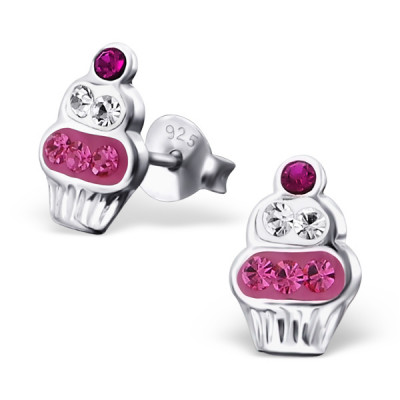 Children's Silver Cupcake Ear Studs with Crystal