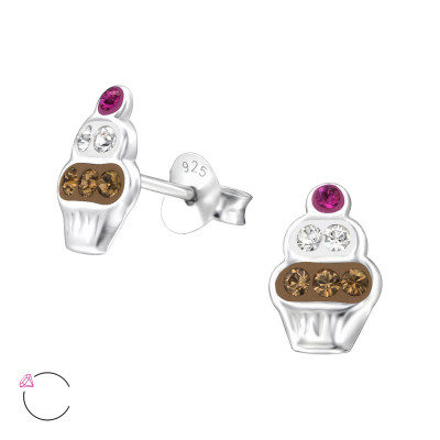 Children's Silver Cupcake Ear Studs with Genuine European Crystals